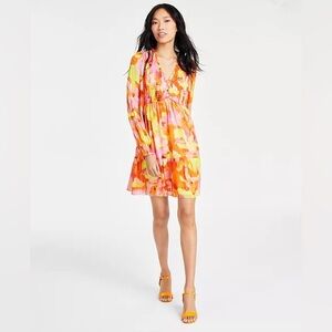 CECE Printed Smocked Balloon Sleeve A-Line Dress
